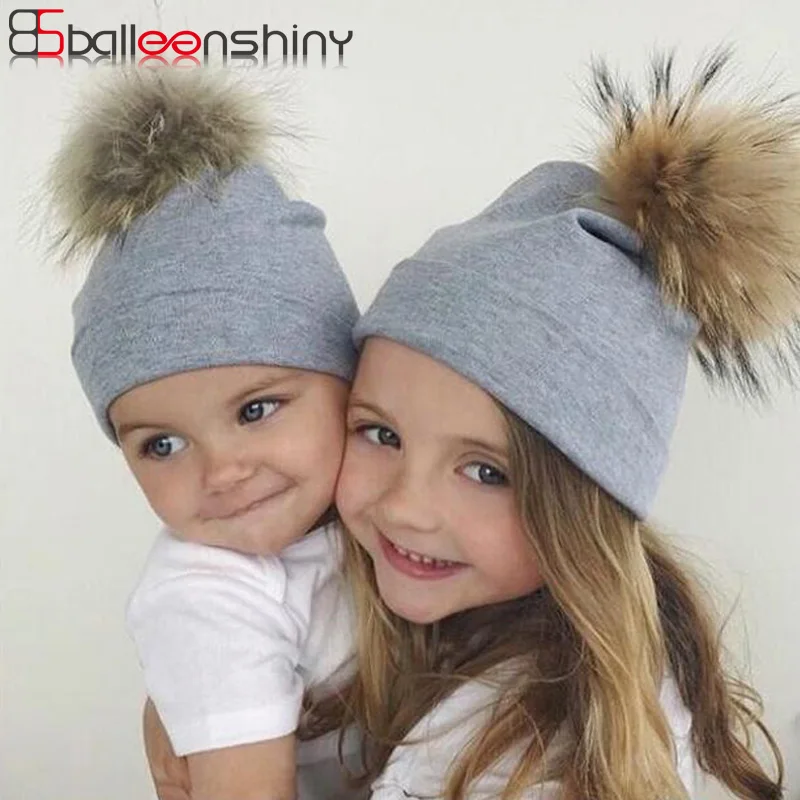 

BalleenShiny Parent-child Hat Double Cotton Fur Ball Hat Baby Fashion Cute Striped Beanie Mother Kids Soft Warm Hair Ball Cap