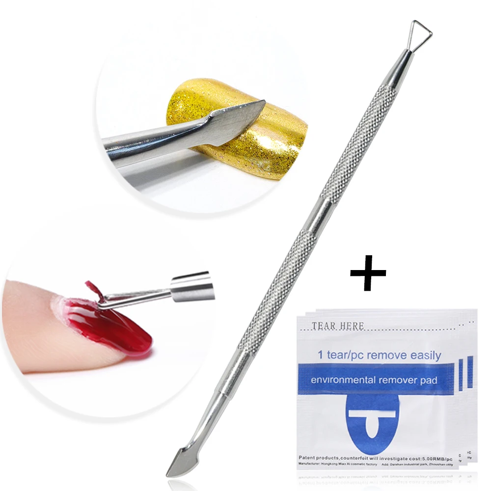 

Silver Stainless Steel Triangle Stick Rod Plane UV Gel Polish Remover With Remover Wet Paper Pad Nail Art Clean Tool Set LA659