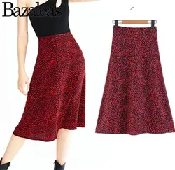 2019 Весна Красный Леопард для женщин до середины икры юбки для размеры молния открыть flare Aline юбка