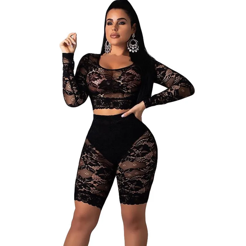 

Sexy Floral Lace Two Piece Set Women See Through Long Sleeve Crop Tops and Shorts Suit Nightclub Party Matching 2 Piece Outfits