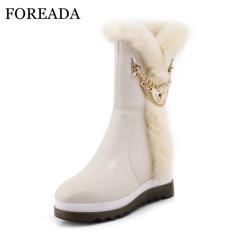 

FOREADA Genuine Leather Winter Snow Boots Women Real Fur Mid-Calf Boots Plush Warm Boots Chain Platform Wedges High Heel Shoes