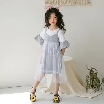 

Kids Dresses for Girls 2019 New Girls Stripe Dress Fake Two-piece Summer Children Casual Dress Mesh Patchwork Flare Sleeve,#5102