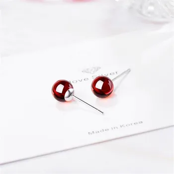 

New Arrival Simple Natural Red Garnet 925 Sterling Silver Jewelry Temperament Personality Ball Crystal Stud Earrings SE706