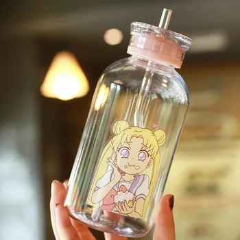 

Fresh Cute Girl Cartoon Bottle Straw Transparent Glass Bottle Student Large Capacity Leak-proof Beverage Portable Bottle