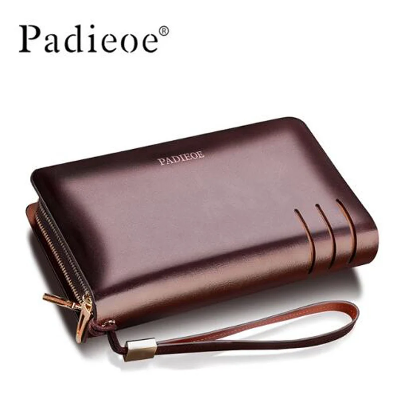 

Padieoe Business Men Leather Burse High Quality Double Zipper Notecase Luxury Large Capacity Long Clutch Wallet with Strap