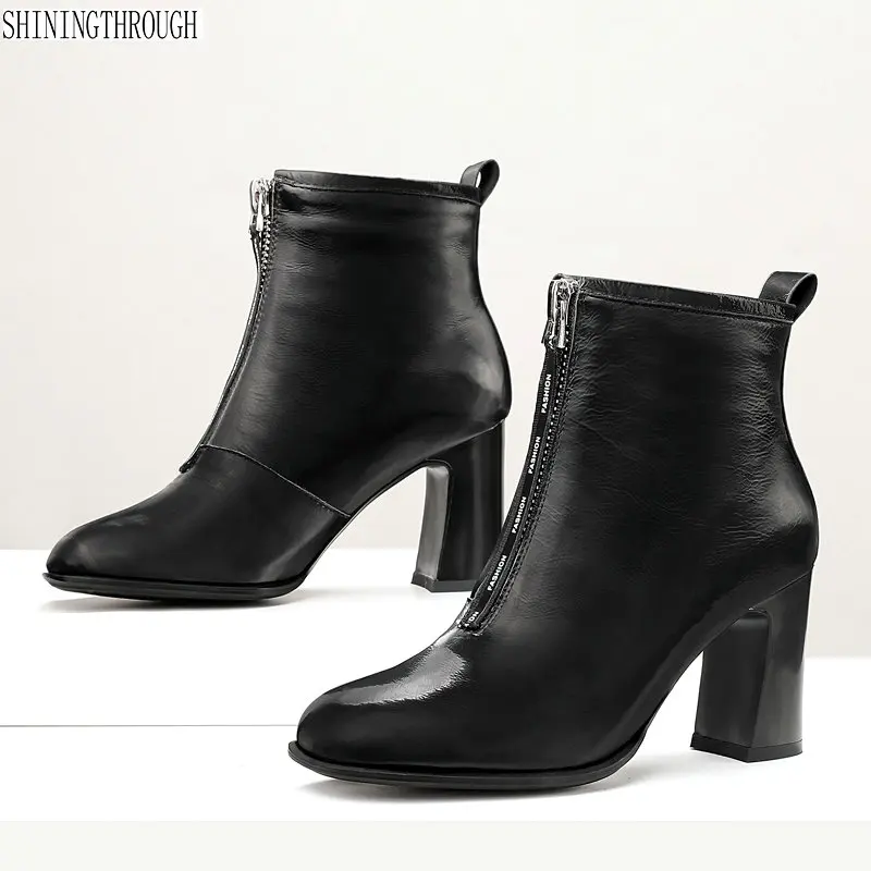 

Women Genuine Leather abkle boots Autumn Winter Ladies Shoes Woman Thick high Heeled Office Pumps Female Basic Boots Pumps