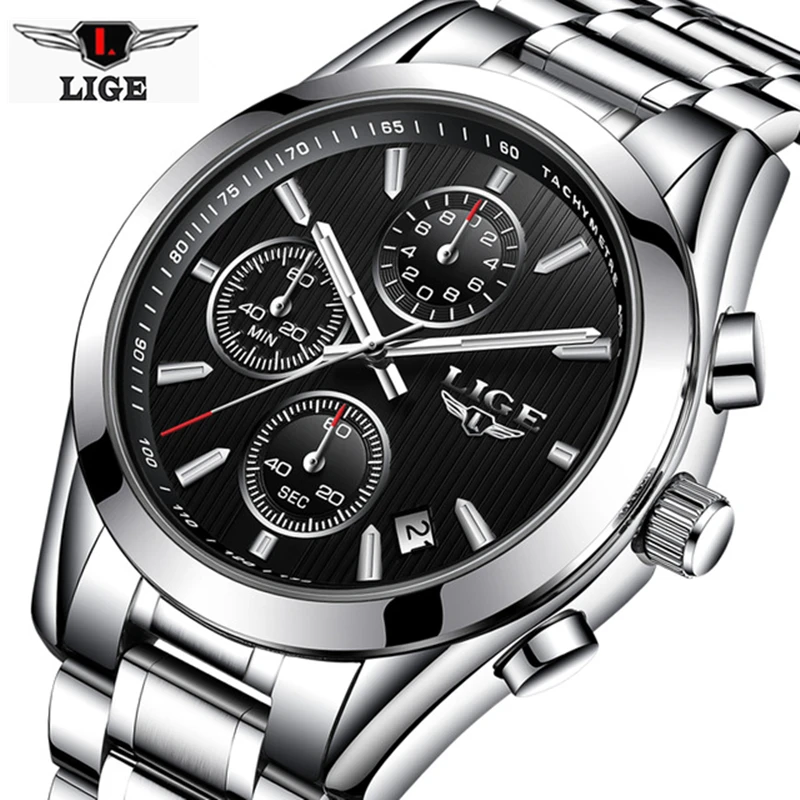 

LIGE Mens Watches Top Brand Luxury Fashion Business Quartz Watch Men Sport Full Steel Waterproof Clock Man+box relogio masculino