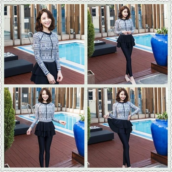 

2019 Designer inspired swimwear for muslim women two pieces swimming clothing zip shirt+skirted pants dubai laides swimsuit plus