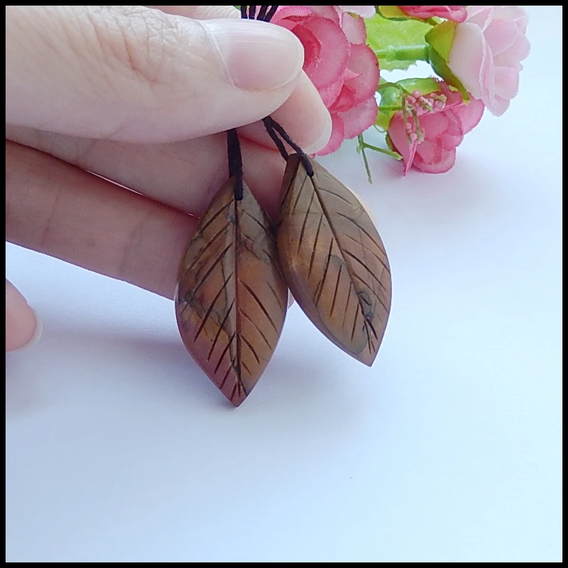 

Natural Multi-Color Picasso jasper Carved Leaves fashion women Earring Bead,34x17x5mm,8.7g