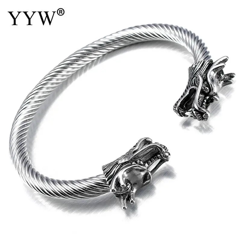 YYW Double Head Dragon Terminal Bracelet for Men Stainless Steel Twisted Cable Cuff Bangle Adjustable Elastic Male Jewelry Bag