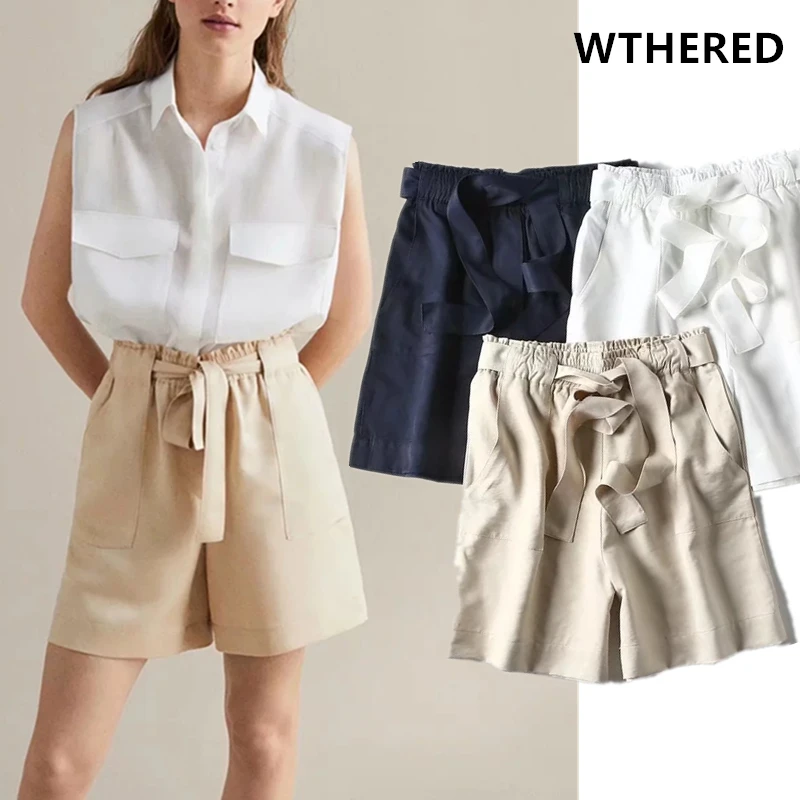

Withered england style urban office lady solid cotton sashes loose cargo shorts women short feminino plus size women short