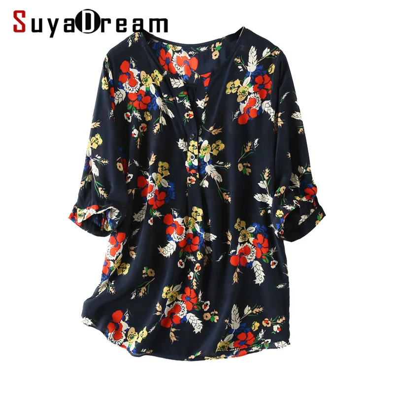 

Women Blouse 100% REAL SILK Crepe Printed Blouse Shirt V neck Office Lady 2019 Spring Summer Half Sleeved Shirt