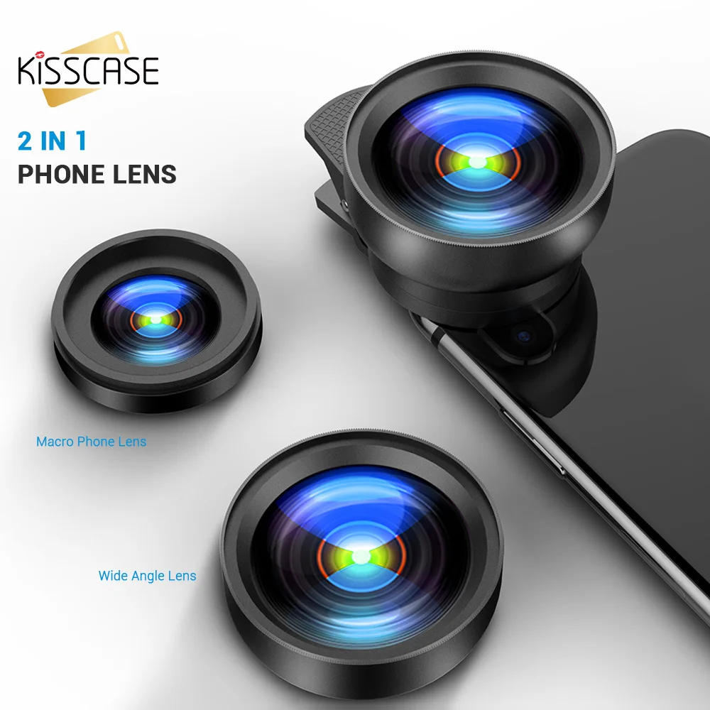KISSCASE المحمولة العدسات الهاتف العالمي عدسة عين السمكة ل فون X 8 7 2 في 1 الهاتف المحمول Lentes ل العالمي الذكية الأجهزة