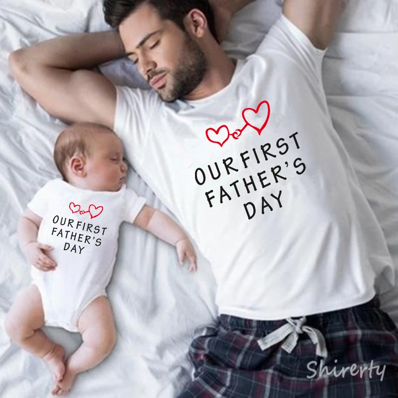 Summer Family Matching Shirt Father Son Baby Romper Outfits Our First Father's Day Casual Cotton Family Tshirt Clothes