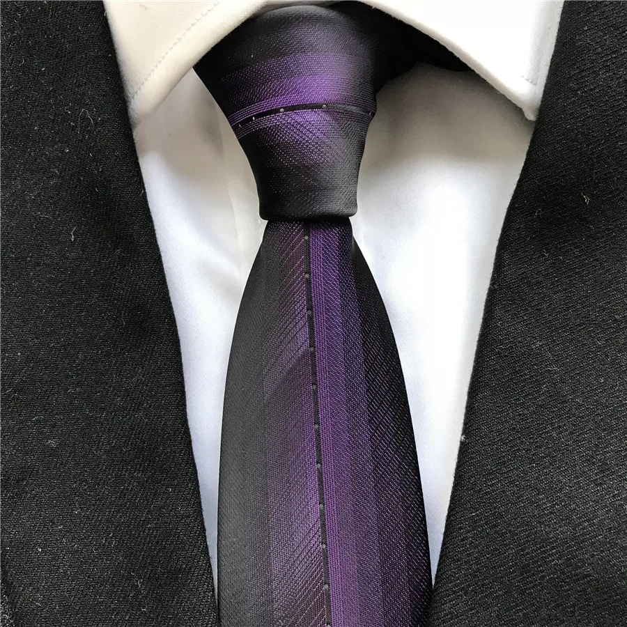 Уникальный дизайн Для мужчин тощий тонкий галстук модные вечерние свадебные галстук черный с фиолетовым полосой горошек