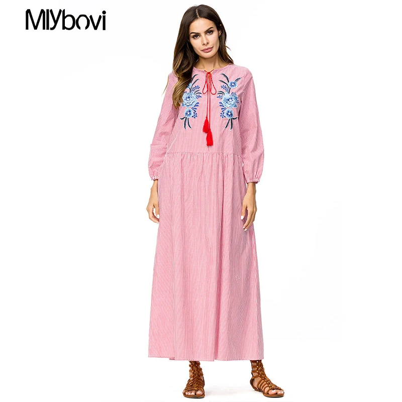 

2018 Fashion Women Muslim Dress O Neck Long M-2XL Drawstring Dress Islamic Saudi Arabia Dresses Abaya Turkish Dubai Dress 2018