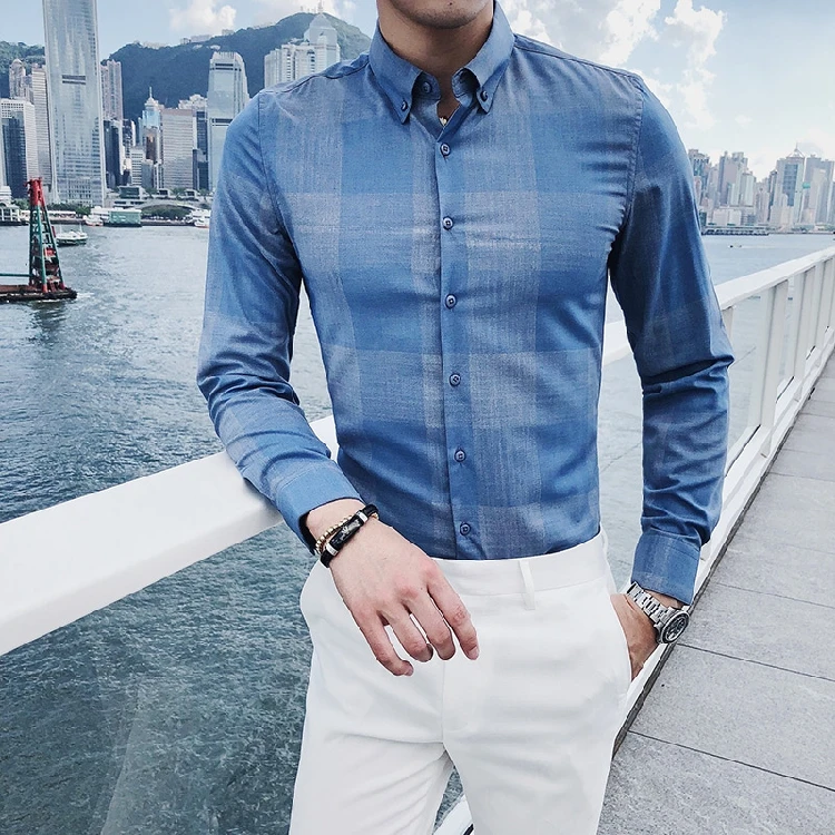 Мужские в клетку рубашки мужские Slim Fit с длинным рукавом синий Формальные Рубашки