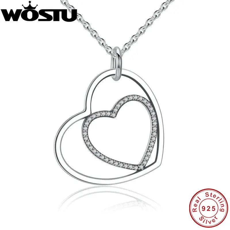 

100% Real 925 Sterling Silver Heart To Heart Romantic Pendant Necklaces With Shiny Clear CZ For Women Jewelry BLN003