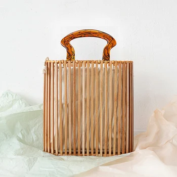 

NEW 2019 Straw Bags Summer Bamboo Hollow Basket Bag Women Handmade Natural Oval Beach Bag Tote Handbag Acrylic Clutch