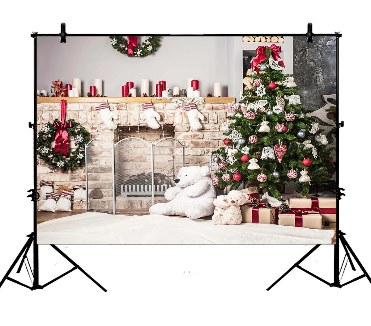 

5x7ft Christmas Tree Brick Wall Fireplace Polyester Photo Background Portrait Backdrop