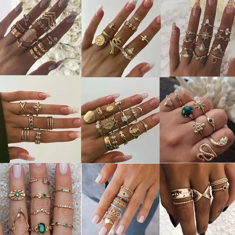 

15 Pcs/set Vintage Boho Snake Shape Animals Finger Rings Set Gold Crystal Midi Kunckle Ring Wedding Party Jewelry Accessories