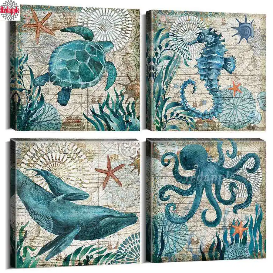 Ocean Theme Diamond Mosaic Sea Animal Octopus Turtle Seahorse Whale Pictures Diamond Painting Cross Stitch Bathroom Decor 4 Pcs Diamond Painting Cross Stitch Aliexpress