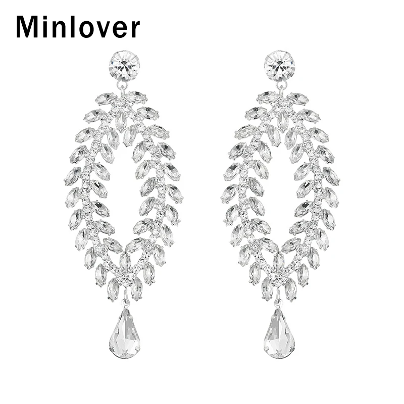 

Minlover Unique Marquise Clear Rhinestone Oval Drop Earrings Women Silver Color Bride Long Dangle Earring Wedding Jewelry EH1426