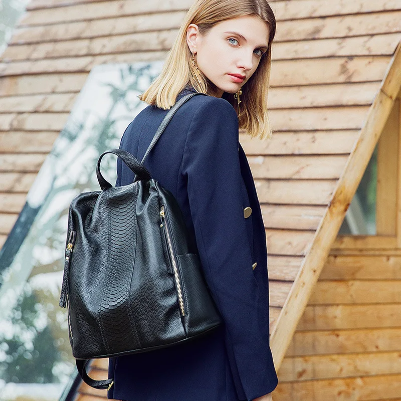 

WESTCREEK Brand Genuine Leather Women Minimalist Serpentine Anti Theft Black Backpack Lady Casual Cowhide Leather Small Backpack