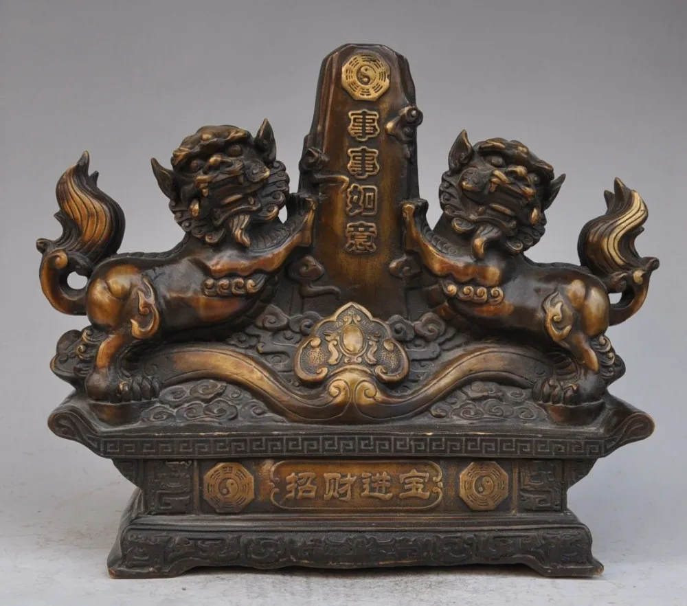 

15" Chinese Bronze FengShui Folk Trigram Foo Fu Dog Lion Ball Statue On RuYi