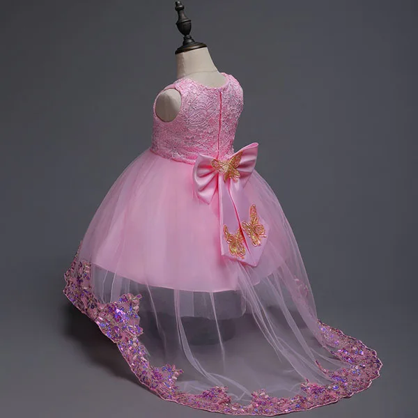 Большое Детское для девочек с бантом, длинное платье с цветочным рисунком детское платье подружки невесты, элегантное платье принцессы Vestido, одежда для свадебной вечеринки для девочек - Цвет: Pink