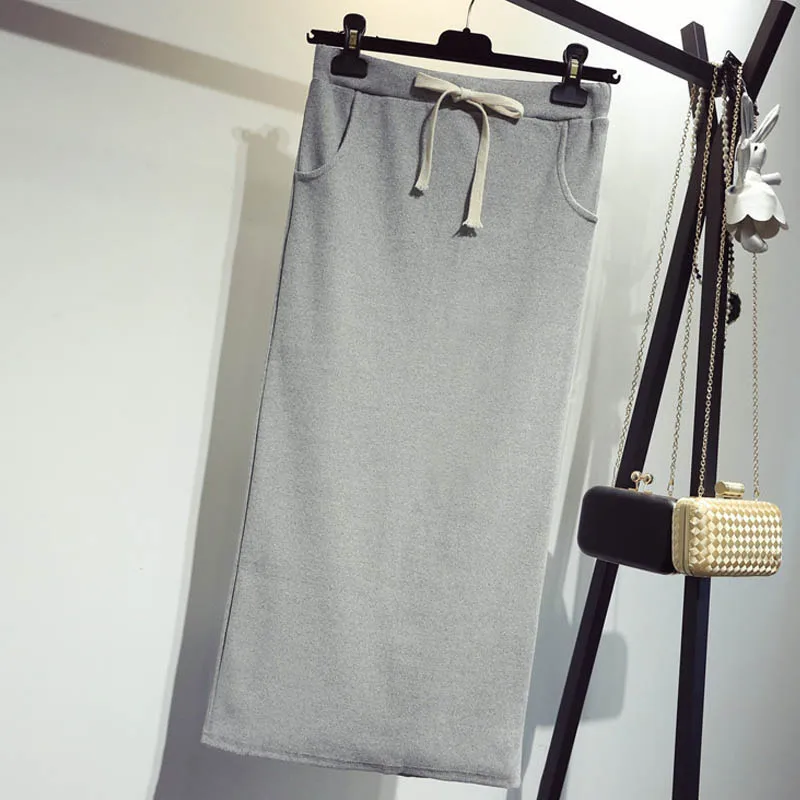 NORMOV/ осень-зима женские юбки черная трикотажная длинная юбка-карандаш с разрезом однотонная приталенная юбка с карманами на шнуровке с высокой талией - Цвет: gray