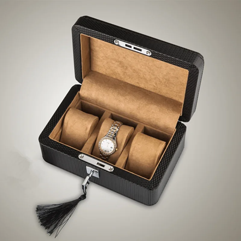 3 слота углеродного волокна кожаные коробки для часов дизайн черные коробки для часов чехол с замком женский Держатель Для Хранения Драгоценностей