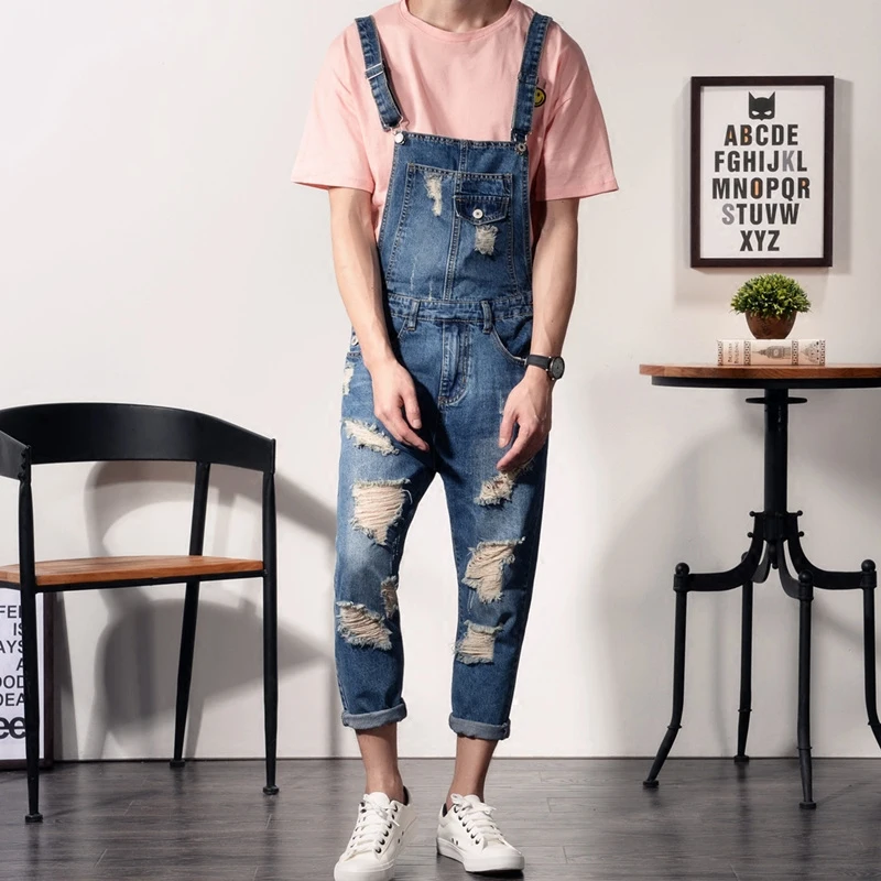 

2017 New Mens Bib Overalls Fashion Ankle Length Denim Overalls Men Ripped Jeans Male Denim Jumpsuit MB17078