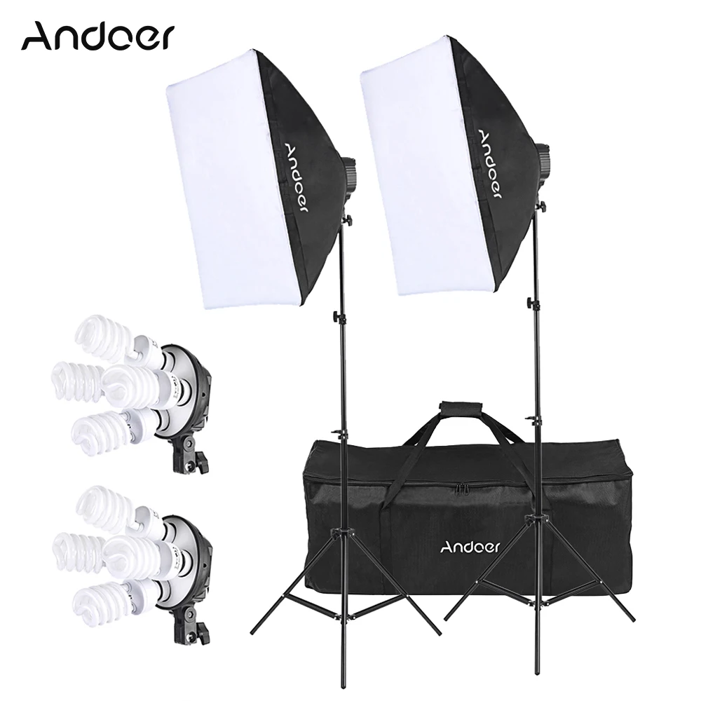 

Andoer Studio Photo Lighting Kit with 2 * Softbox / 2 * 4in1 Bulb Socket / 8 * 45W Bulb / 2 * Light Stand / 1 * Carrying Bags