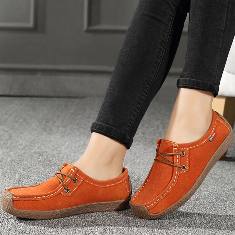 

Women Flats Genuine Leather Loafers Lace Up Folding Moccasins Foldable Casual Shoes Ladies Square Toe Female Zapatos Mujer