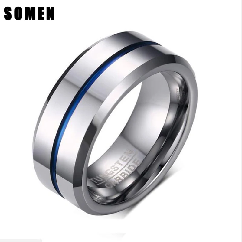 

Somen 2019 Fashion 8MM Blue Line Tungsten Carbide Ring Simple Style Wedding Bands Party Ring for Men Jewelry bague anillos