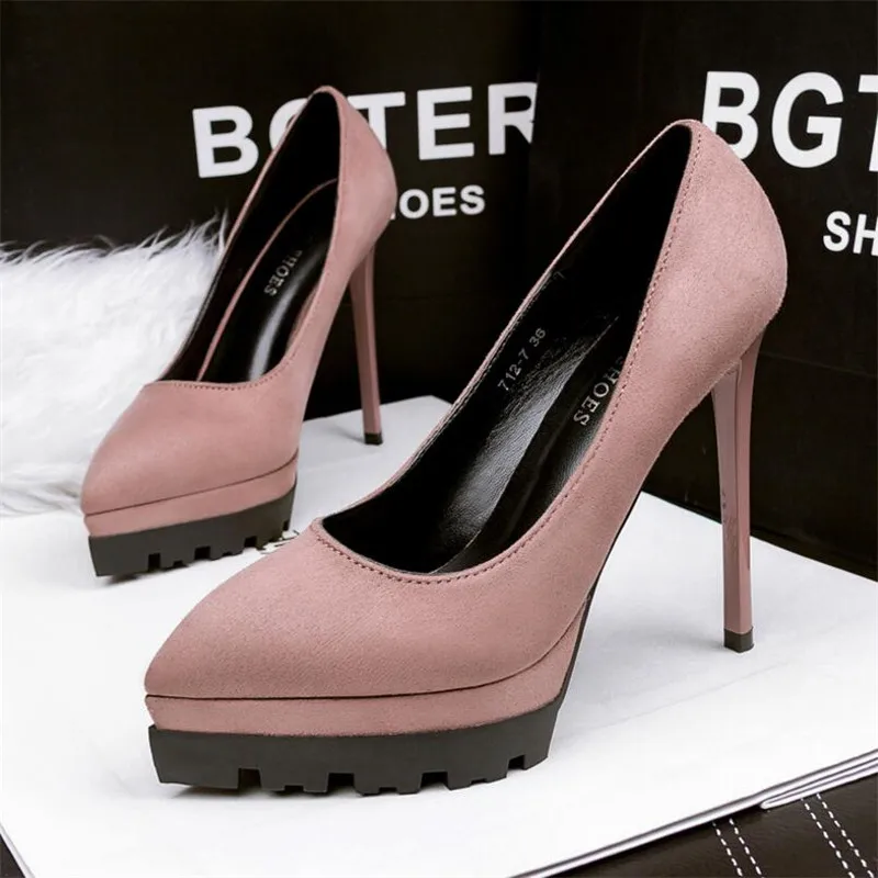 

ELGEER New shallow mouth single shoes professional pointed waterproof platform high heels sexy fine suede high heels women