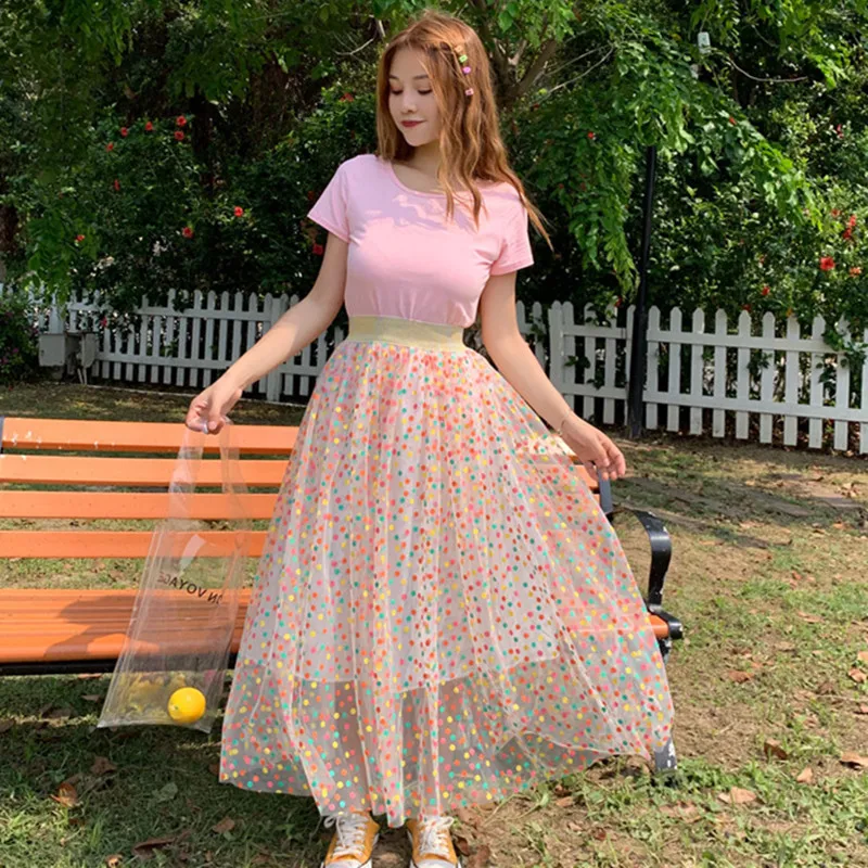 

2019 Female Elastic Waist long skirt colorful polka Dot ball grown Mesh Maxi skirt Women Summer Beach High Waist Tutu Skirts