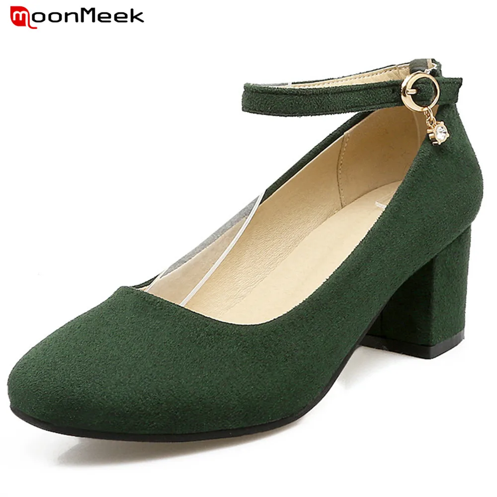 

MoonMeek new prevail 2018 spring autumn simple high heels ladies shoes round toe square heel with buckle woman pumps