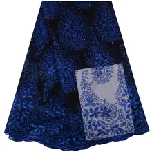 2018 Blue Color African Lace Fabrics French High Quality Bridal Beaded Nigerian Lace Tulle Lace Fabric For Wedding Dress 1041