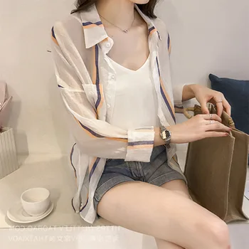 

Women Cardigan Summer Elegant Chiffon Blouse Shirts striped Printed long Sleeve Beach Coverwear Boho Cardigans Streetwear