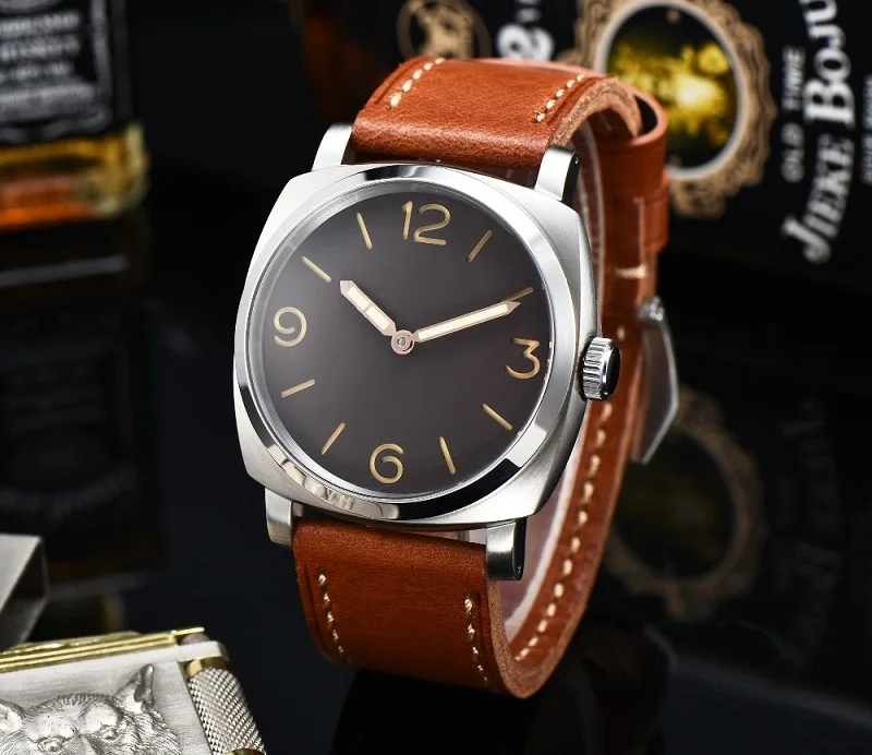 

Luxury Brand Mechanical Watch Military Mens Watch brown leather strap mechanical hand wind Seagull Movement 6497 men's watch