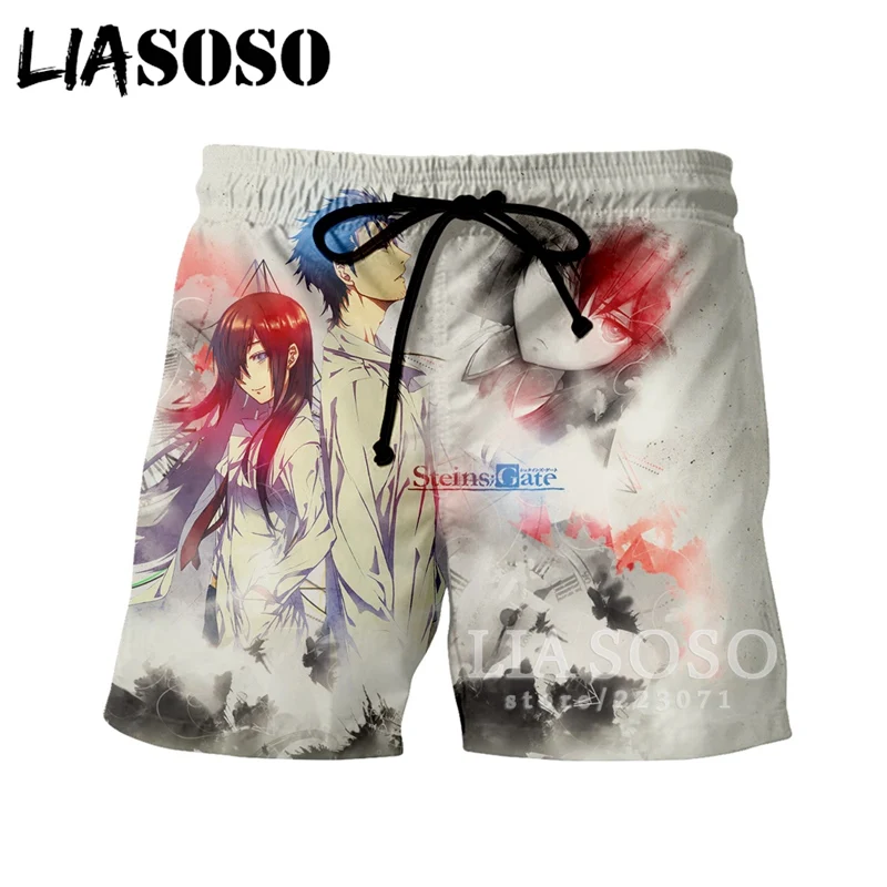 LIASOSO летние модные Для мужчин Для женщин шорты 3D принт милый забавный аниме «steins Gate пляжные Фитнес унисекс Повседневное свободные шорты A045-16