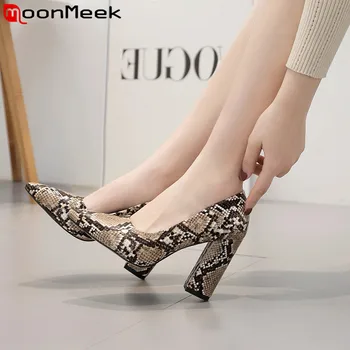 

MoonMeek size 35-40 new pumps shoes wmen pointed toe shallow thick high heels shoes serpentine prom office shoes 2020