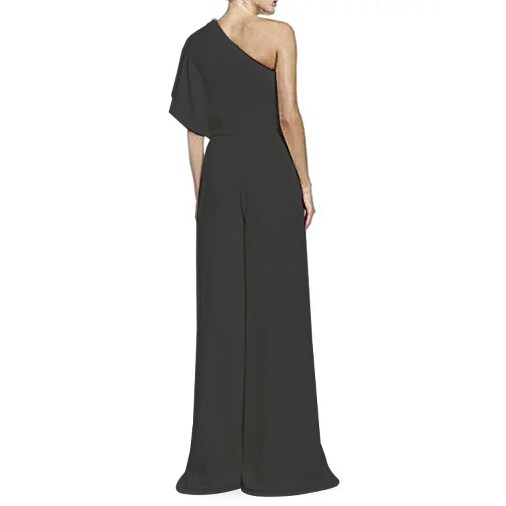 Новая женская мода одно плечо Slash шеи Высокая талия широкие ноги Асимметричный Сплит комбинезон брюки - Цвет: Black