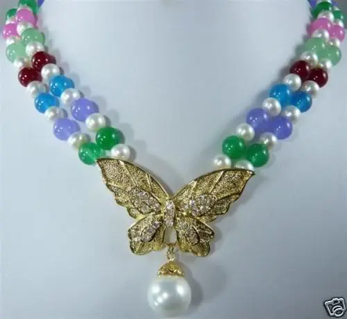 

Free shipping hot sale Women Bridal Wedding Jewelry >>2Rows 7-8mm White pearl multicolor jade necklace