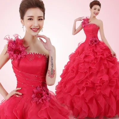 Low Prices Romantic 2016 Colorful Organza A line Beading Ruched One Shoulder Wedding Dress Bride Beautiful Party Vestidos De Novia