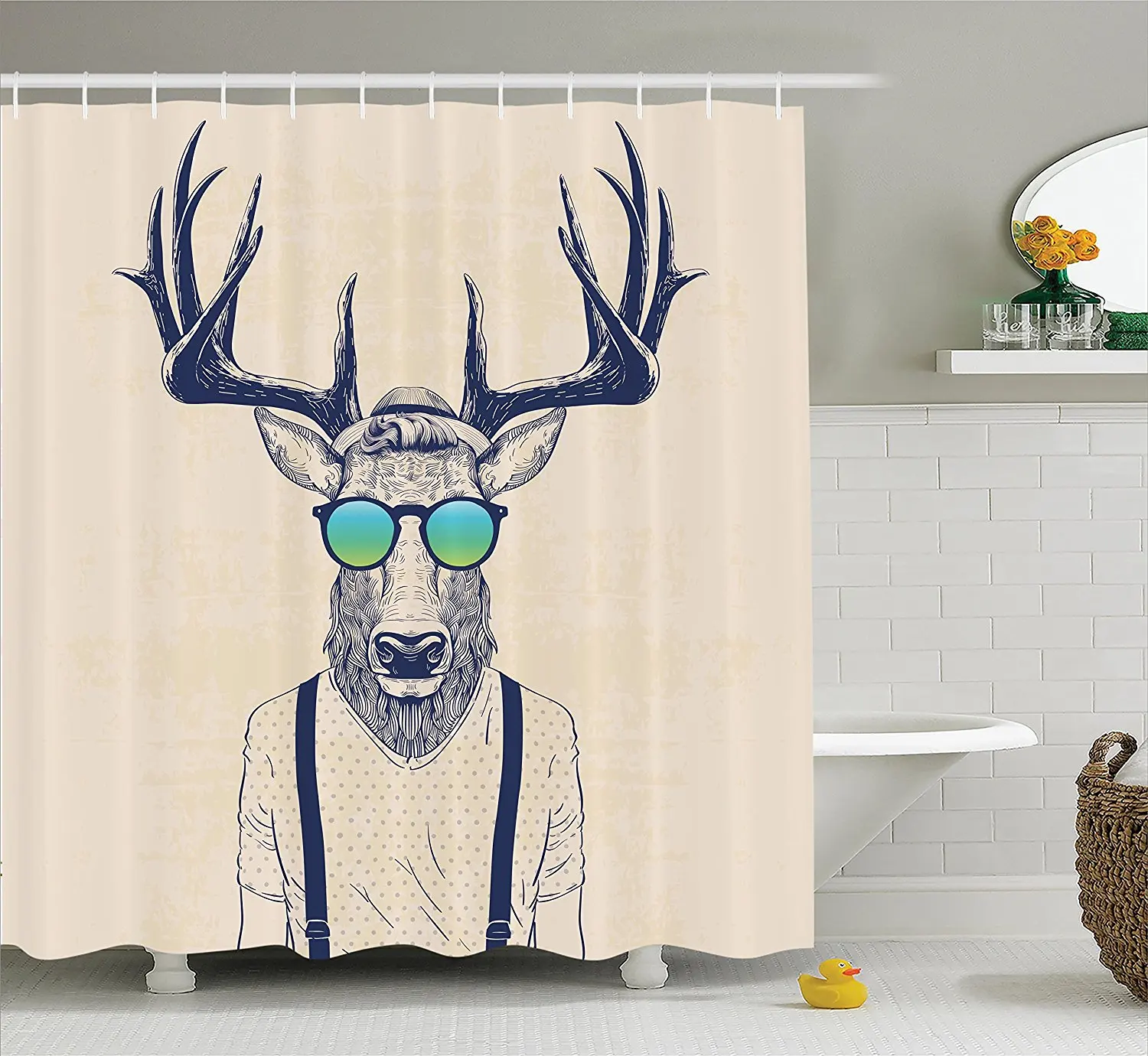 Antlers Decor Shower Curtain Illustration of Deer Dressed Up Like Cool