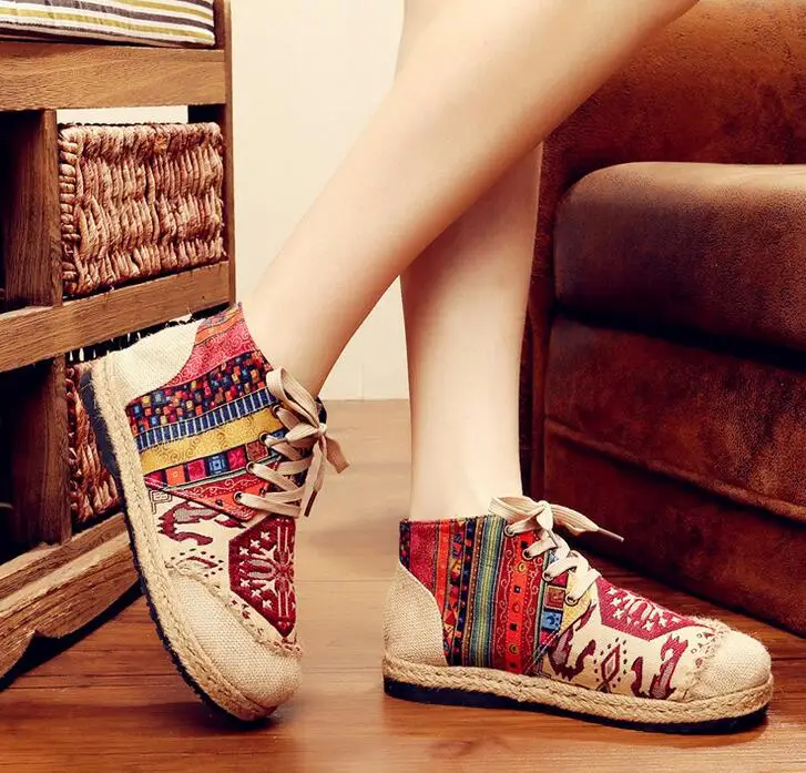 

35-41 Lace-up Cotton Fabric Casual Flats loafers Linen Hemp Round Toe Totem Embroidered Ethnic Style Fashion Cute Shoes