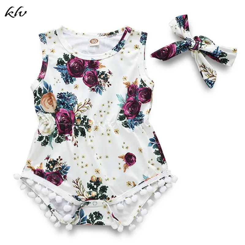 

2 Pcs/set Children Suit Rose Print Pattern Plush Ball Onesies Clothes Hair Band Kids Girls Floral Suits Seaside Style